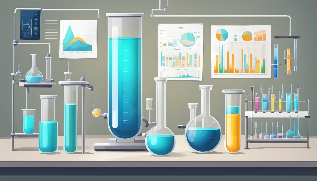 A laboratory setting with beakers, test tubes, and scientific equipment. A vial of semaglutide prominently displayed. Charts and graphs on the wall