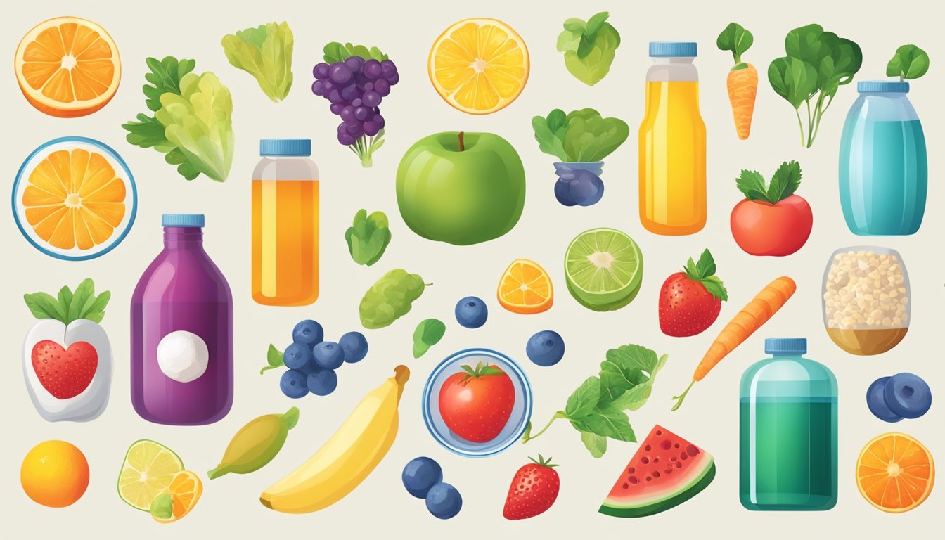 A colorful illustration of various healthy lifestyle activities such as exercising, eating well, and monitoring health, with a prominent depiction of the active ingredient, Semaglutide