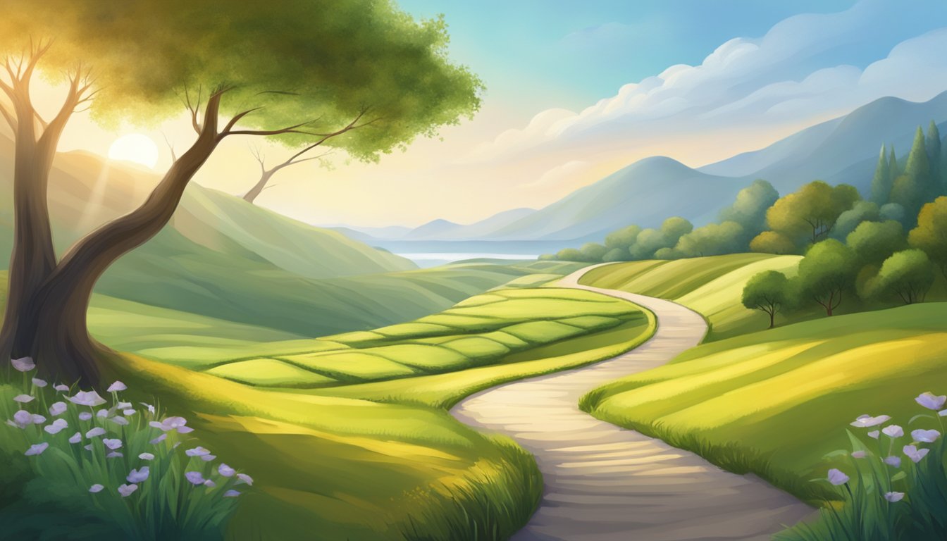 A serene landscape with a winding path leading towards a bright, hopeful future