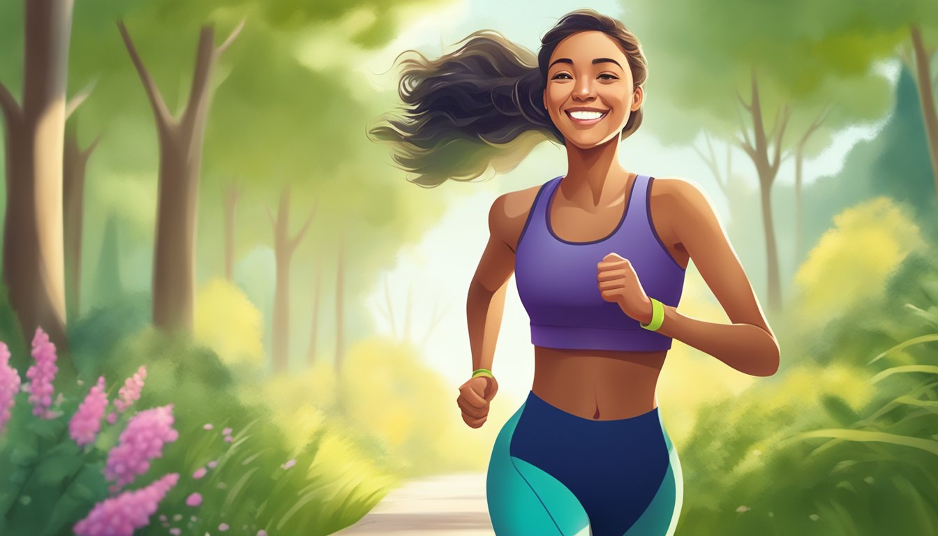 A woman jogging outdoors, surrounded by greenery, with a smile on her face and a sense of freedom and vitality after completing her Saxenda treatment