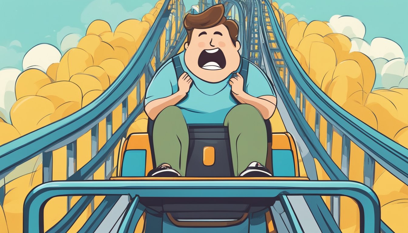 A person sitting on a rollercoaster with a range of emotions - from fear and anxiety to relief and joy - representing the emotional journey of using Wegovy for weight loss