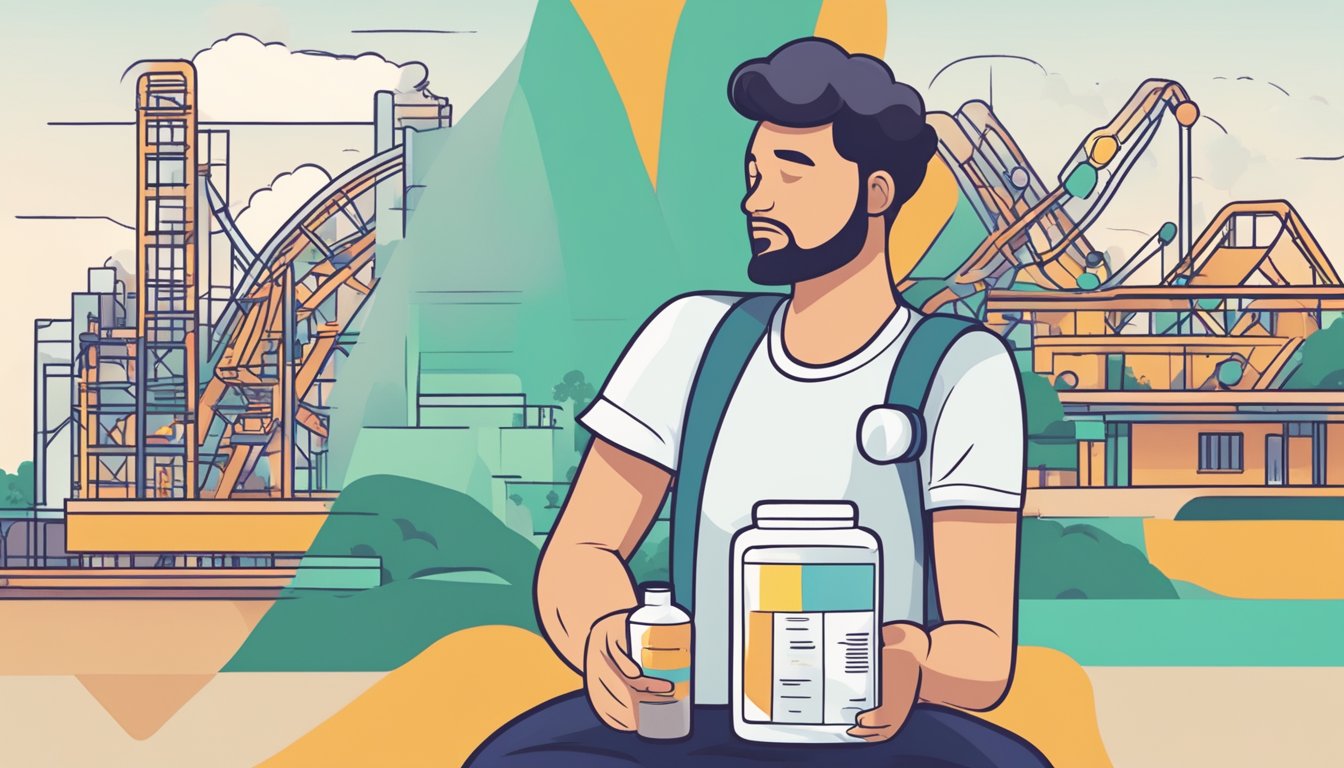 A person feeling a mix of emotions while holding a prescription bottle of Wegovy, with a rollercoaster in the background symbolizing the ups and downs of their mental health journey