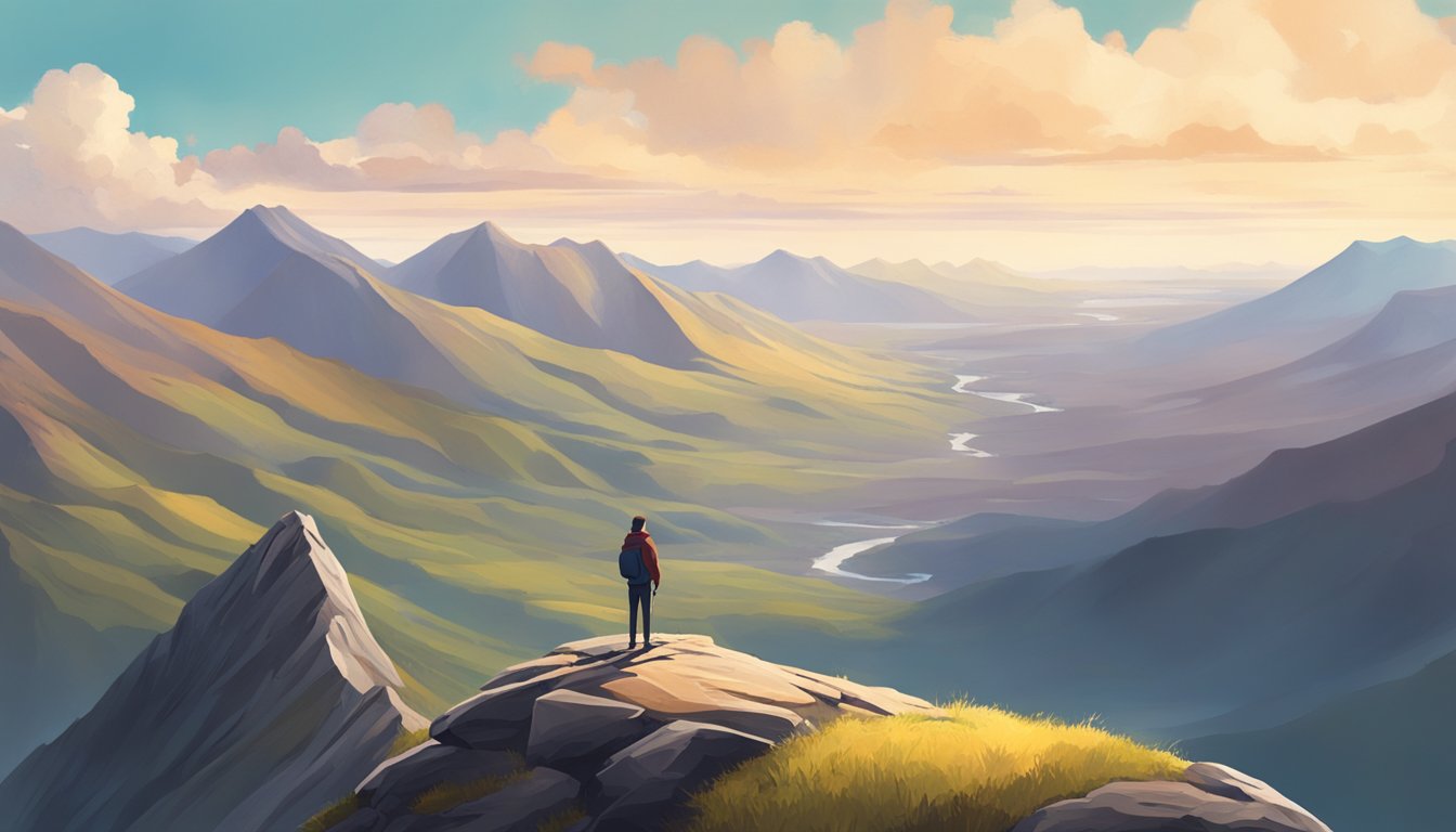 A person standing on a mountain peak, looking out at a vast landscape with a sense of hope and optimism