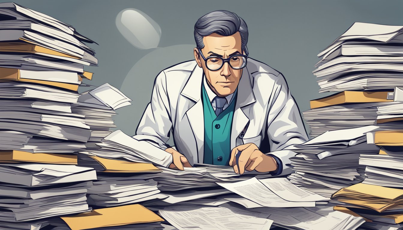 A scientist surrounded by piles of research papers, a magnifying glass, and a skeptical expression