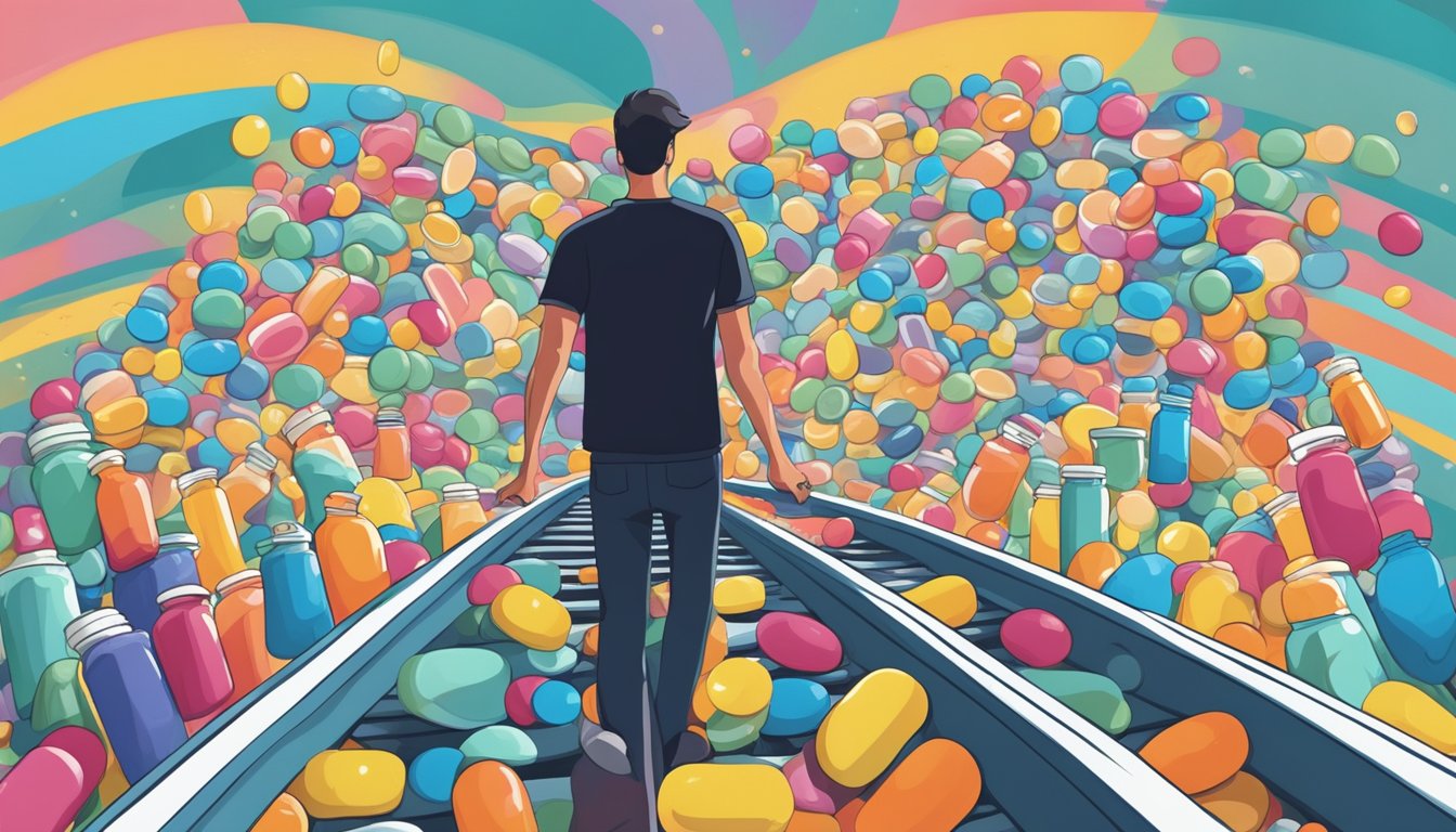 A person standing on a rollercoaster track surrounded by swirling emotions and pill bottles