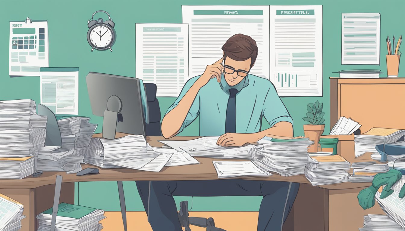 A person sitting at a desk surrounded by financial documents, a calendar, and a list of potential post-treatment plans