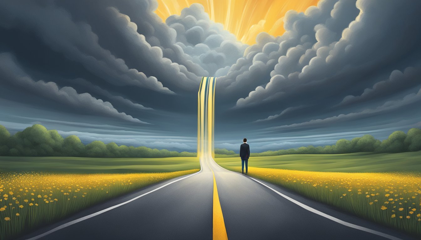 A person standing at a fork in the road, one path leading to dark storm clouds, the other to a bright sunny sky, representing the emotional rollercoaster of mental health