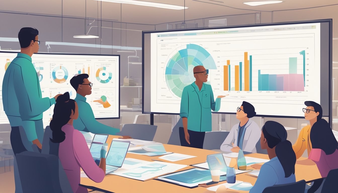 A group of scientists discussing findings around a table, with charts and graphs projected on a screen in the background