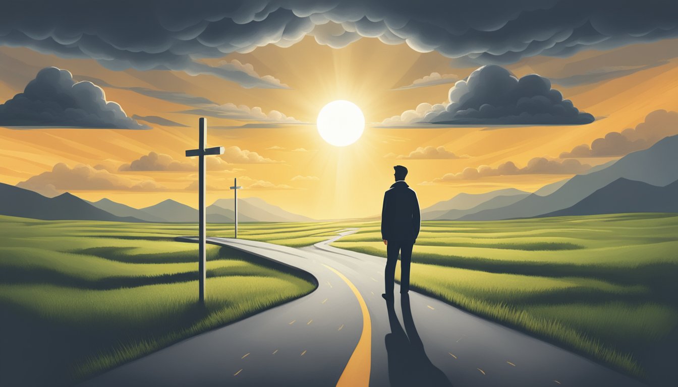 A person standing at a crossroads, with one path leading to a dark storm cloud representing mental health struggles, and another path leading to a bright sun symbolizing the potential positive impact of Wegovy on mental health