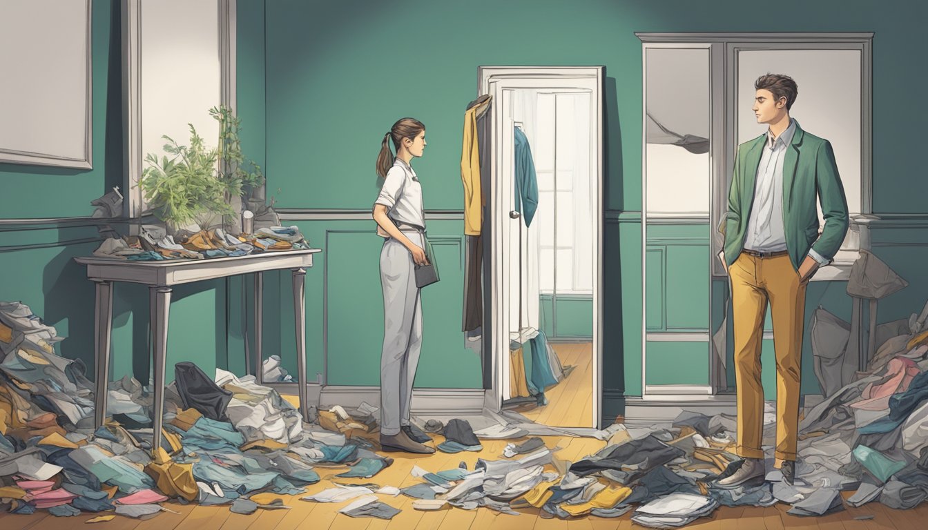 A slender figure standing confidently in front of a mirror, surrounded by discarded clothing and a scale, symbolizing a transformation with Saxenda