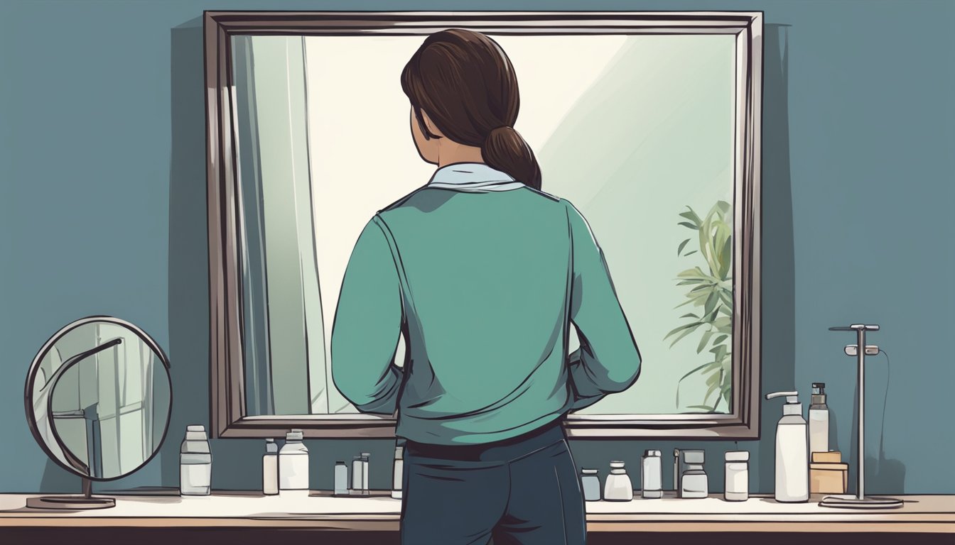 A person standing in front of a mirror, looking at their reflection with a mix of determination and uncertainty. The mirror reflects a slimmer silhouette, hinting at the internal struggle of adjusting to a new body image