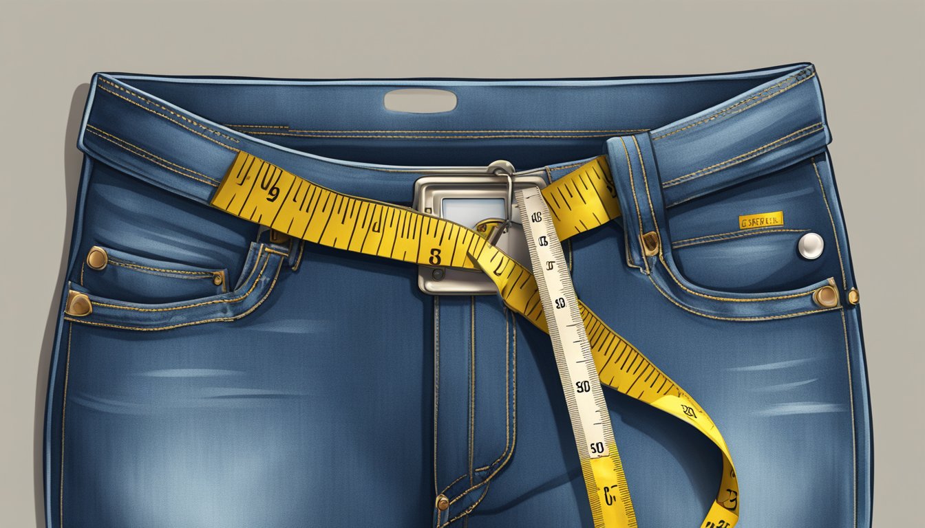 A scale with a lower number, a tape measure, and a pair of jeans too big