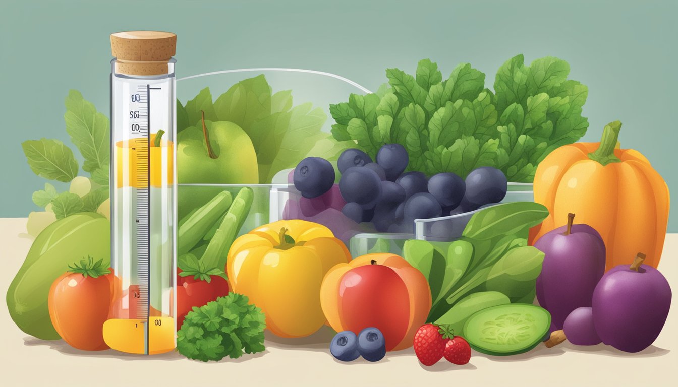 A vial of GLP-1 surrounded by various fruits and vegetables, with a scale and measuring tape in the background