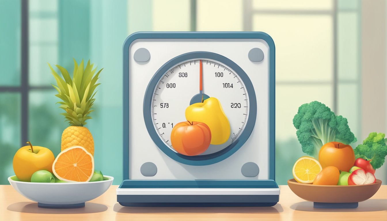 A scale showing weight loss progress, healthy food choices, and exercise equipment in a modern, bright setting