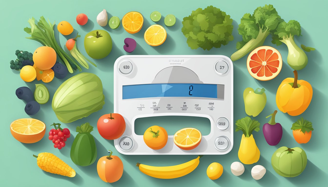 A scale surrounded by various fruits, vegetables, and exercise equipment, with a tape measure and a smiling sun in the background