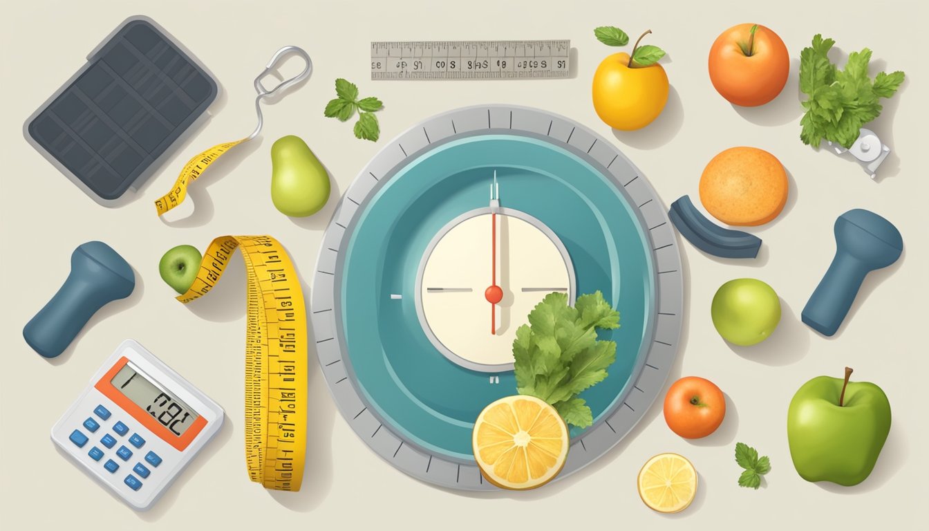 A scale surrounded by a tape measure, healthy food, and exercise equipment, symbolizing the journey of adjusting to a new body image while using Saxenda