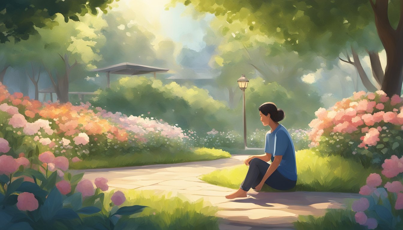 A person sitting in a peaceful garden, surrounded by blooming flowers and lush greenery. The sunlight filters through the trees, creating a tranquil and calming atmosphere