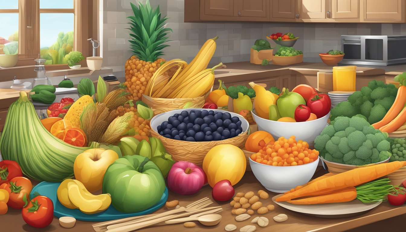 A colorful array of fruits, vegetables, and whole grains arranged in a vibrant and inviting display, with a variety of healthy cooking utensils and kitchen equipment nearby