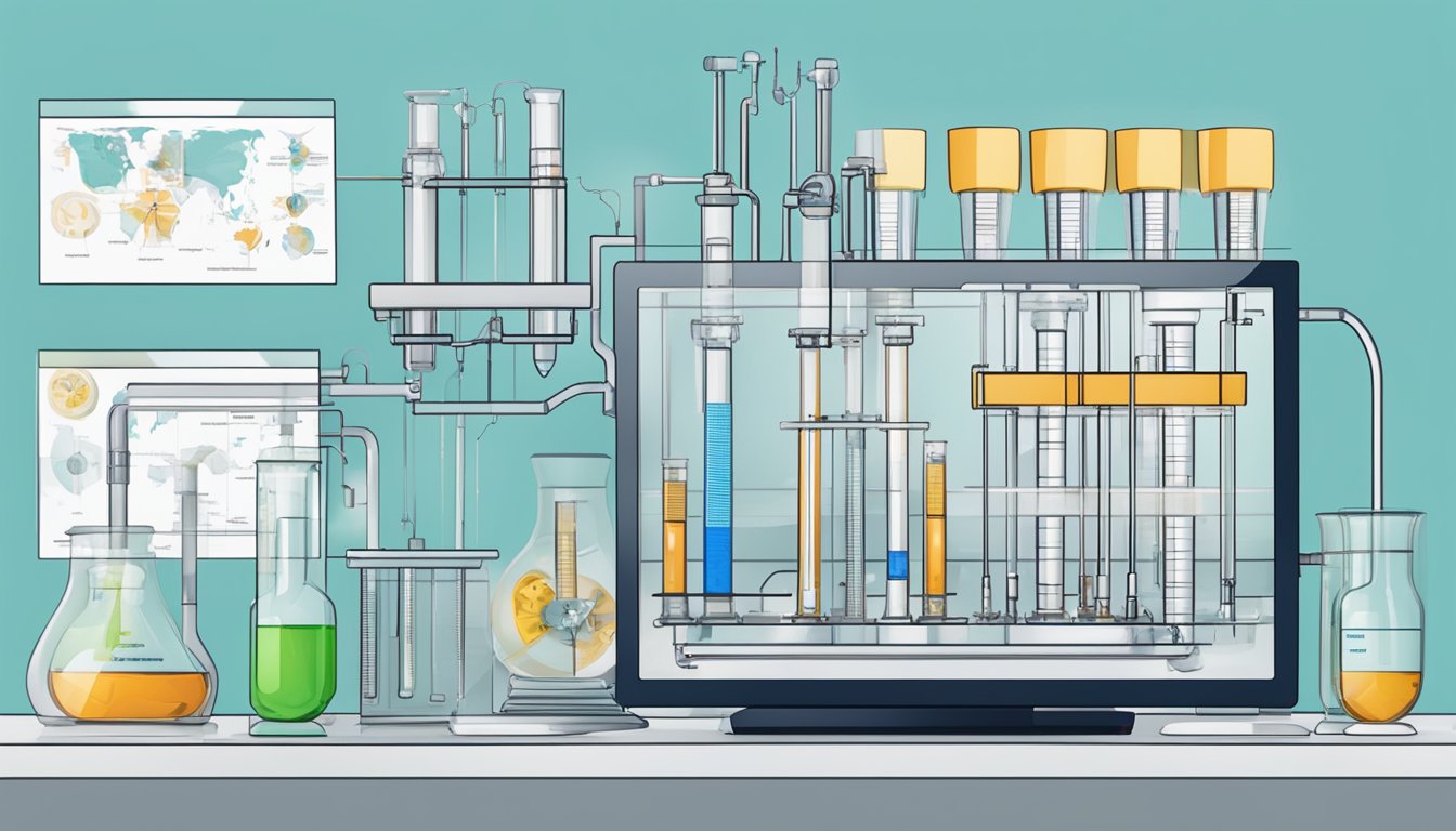 A laboratory setting with test tubes, beakers, and scientific equipment. A diagram of the GLP-1 receptor agonist mechanism is displayed on a computer screen