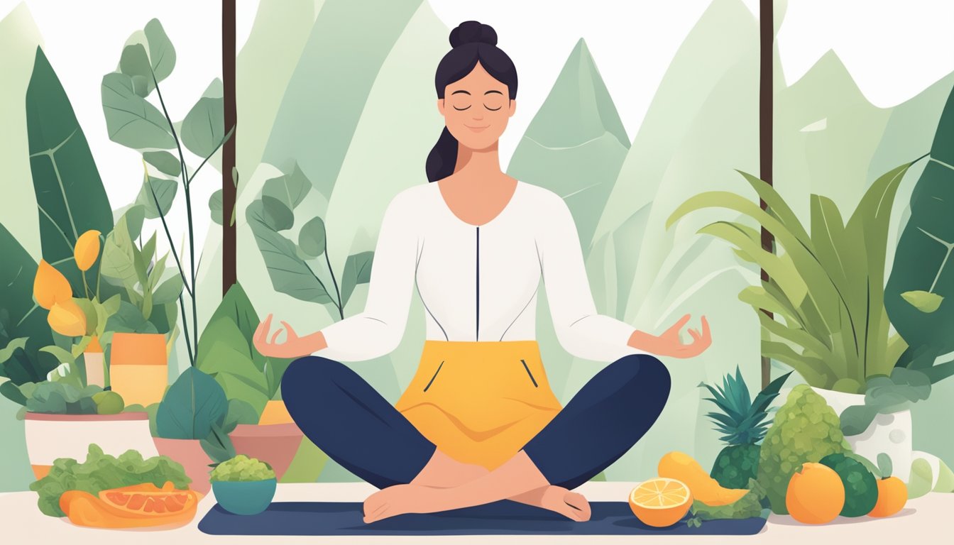 A person enjoying outdoor activities, surrounded by healthy food and engaging in self-care practices such as yoga or meditation