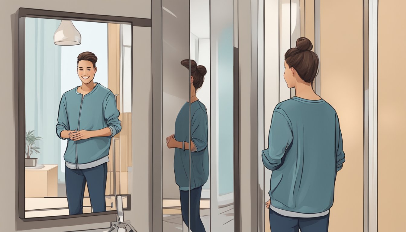 A person standing in front of a mirror, wearing loose-fitting clothing and looking at their reflection with a smile of satisfaction and confidence