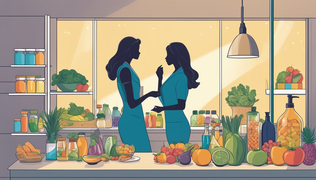 A woman's silhouette stands confidently in front of a mirror, surrounded by a collection of healthy foods and a prescription bottle of Saxenda