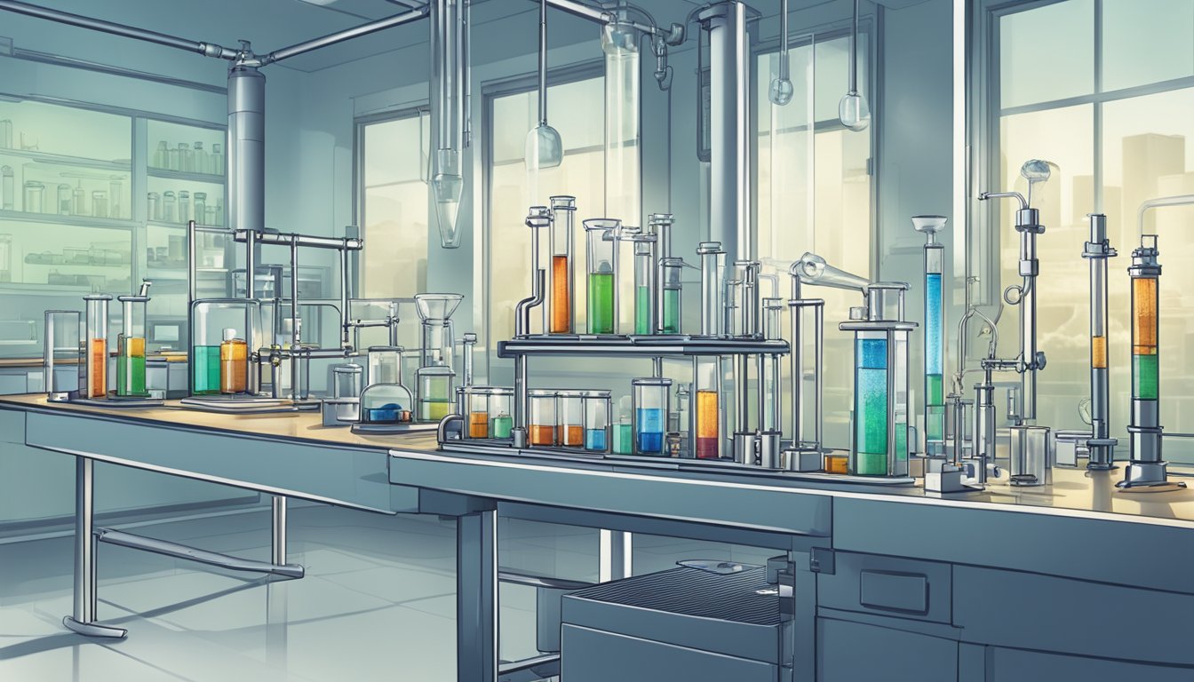 A laboratory setting with test tubes, beakers, and scientific equipment, with a focus on a diagram or model illustrating the mechanism of action of GLP-1 receptor agonists