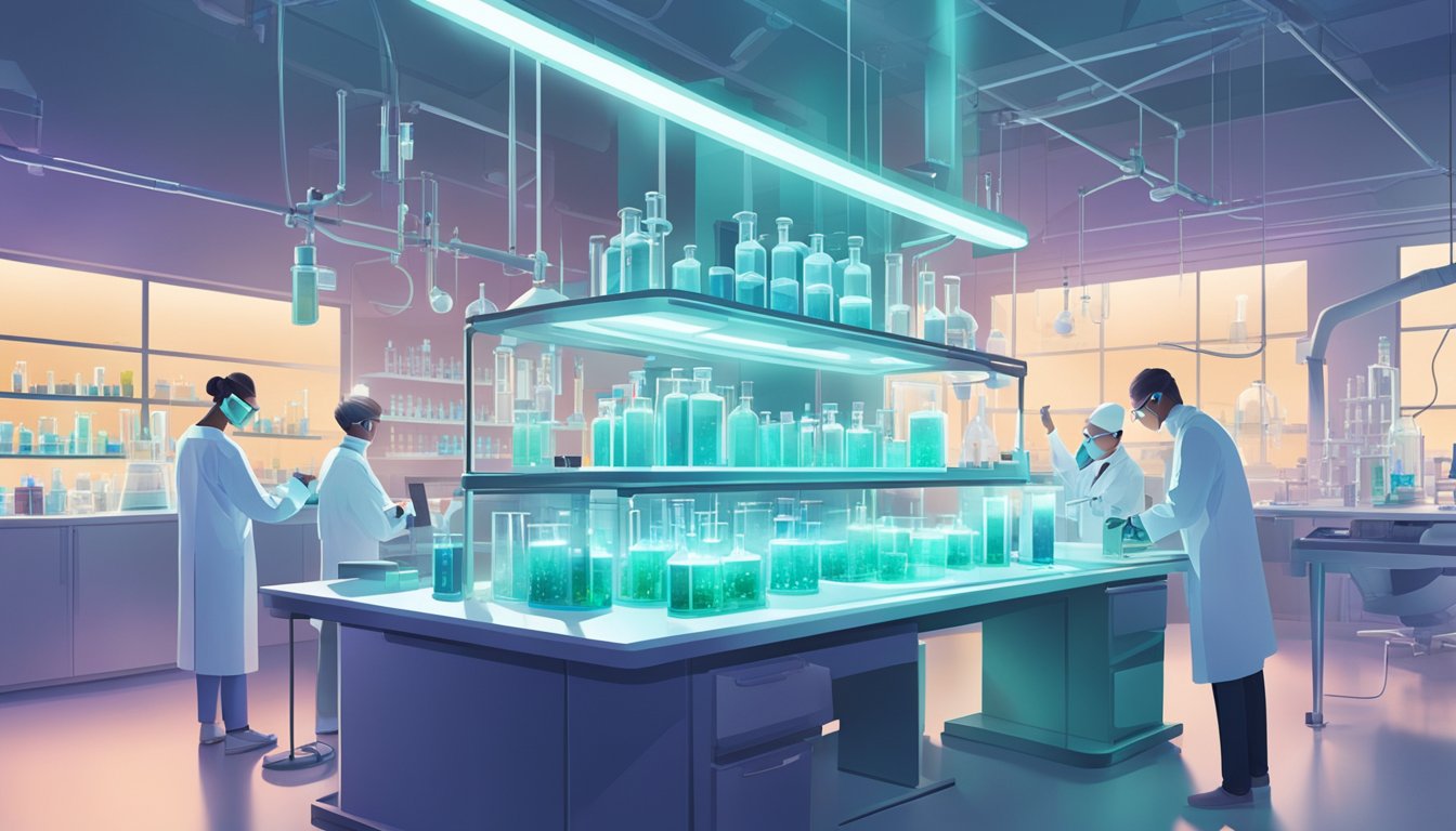 A laboratory filled with futuristic equipment and glowing vials, with scientists working on cutting-edge therapies