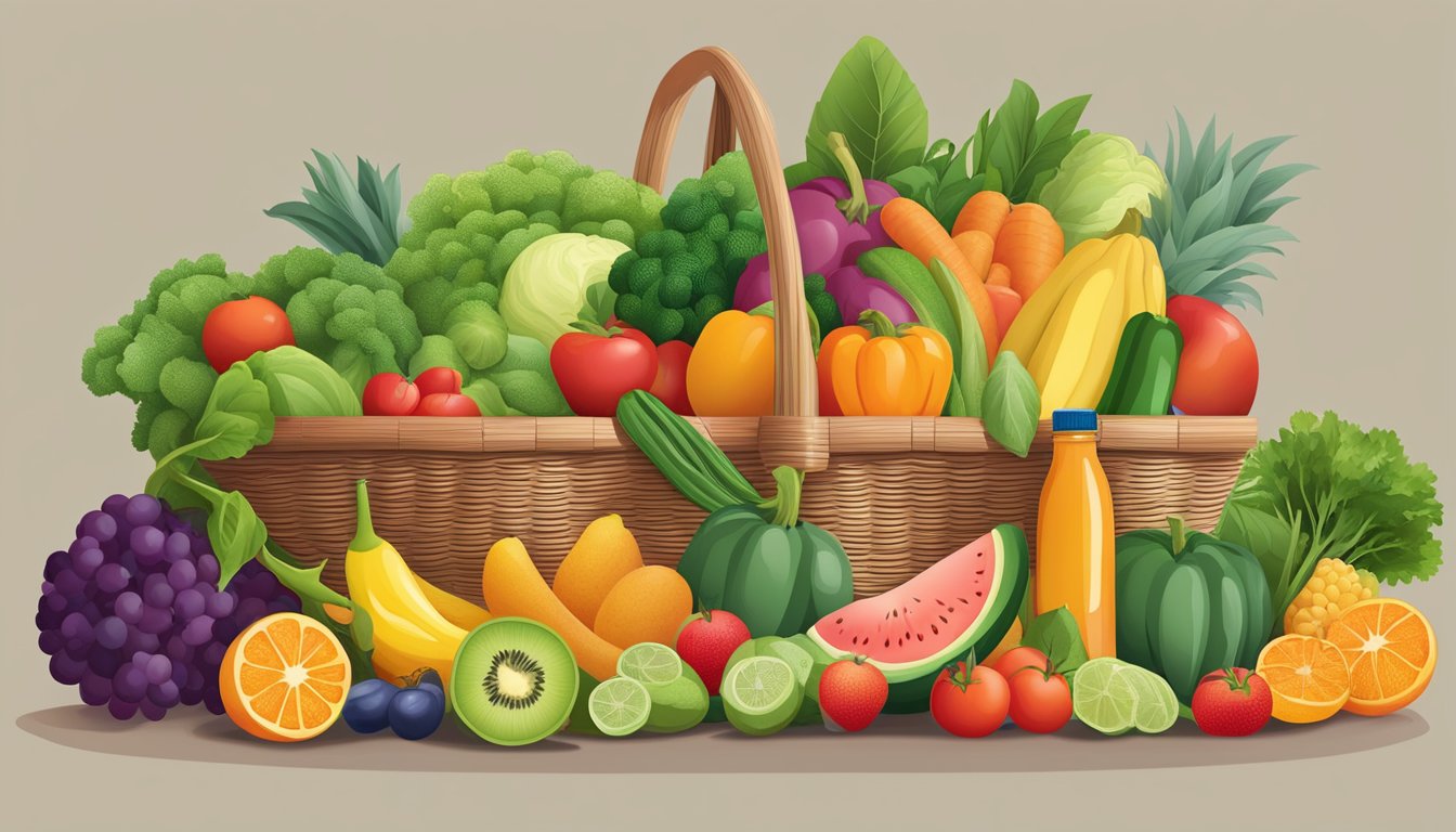 A colorful array of fresh fruits and vegetables overflowing from a basket, surrounded by a yoga mat, running shoes, and a bottle of vitamins