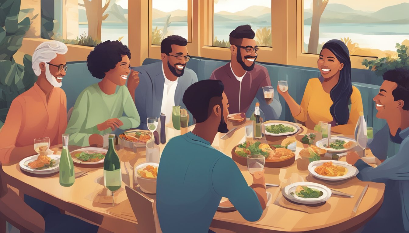 A group of people dining out, enjoying a meal together, engaging in conversation and socializing while taking Wegovy