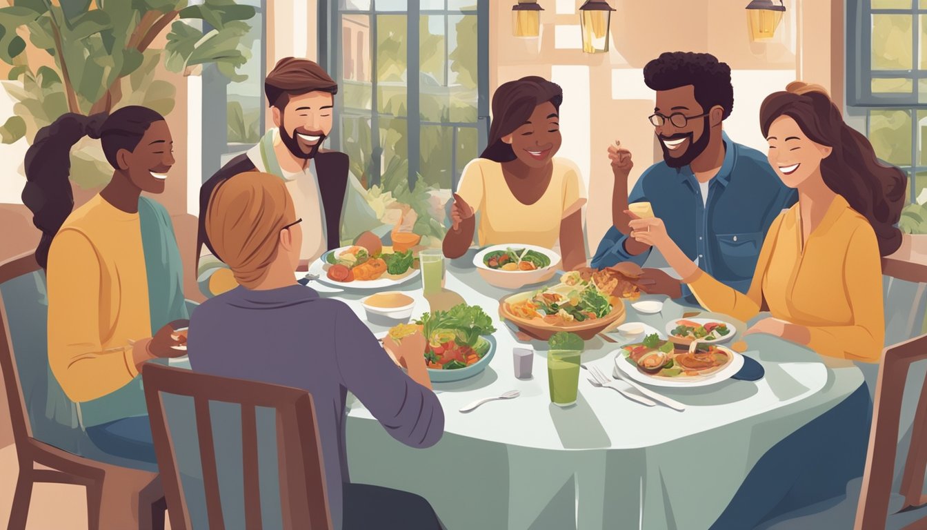 A group of friends enjoying a meal at a restaurant, with a variety of healthy food options on the table. Laughter and conversation fill the air as they socialize while considering dietary needs on Wegovy