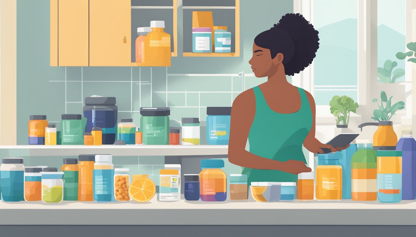 A person standing at a kitchen counter, surrounded by various nutritional supplements and a prescription bottle of Saxenda. A scale and measuring cups are also present