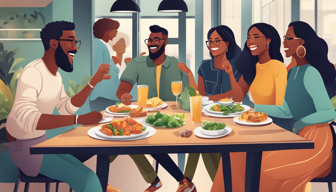 A group of diverse individuals sit around a table, engaged in lively conversation and laughter while enjoying a meal at a trendy restaurant