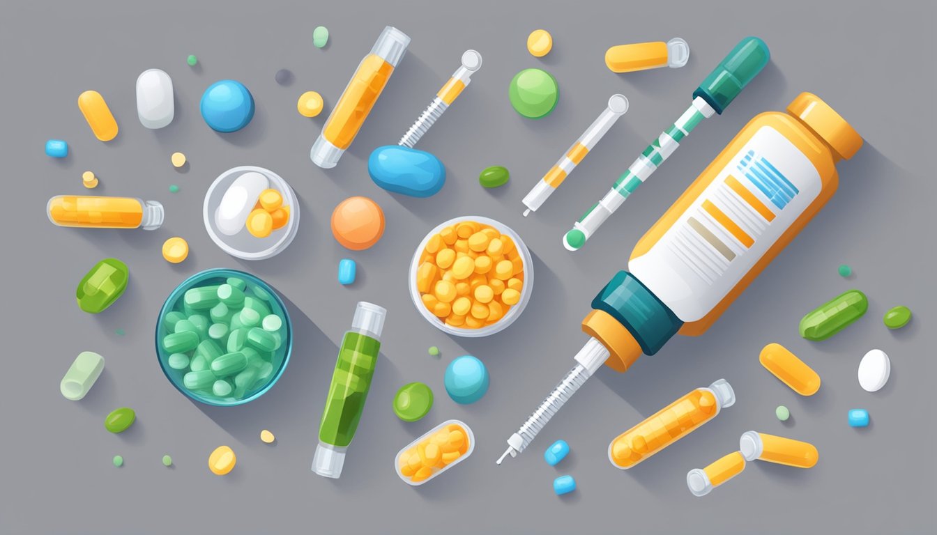 A hand holding a syringe, surrounded by various nutritional supplements and a vial of Saxenda, with a balanced composition of supplements and medication