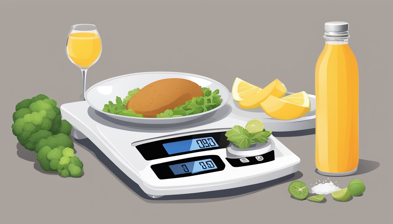 A scale tipping in favor of lifestyle modifications, with a healthy plate of food on one side and a bottle of Wegovy on the other