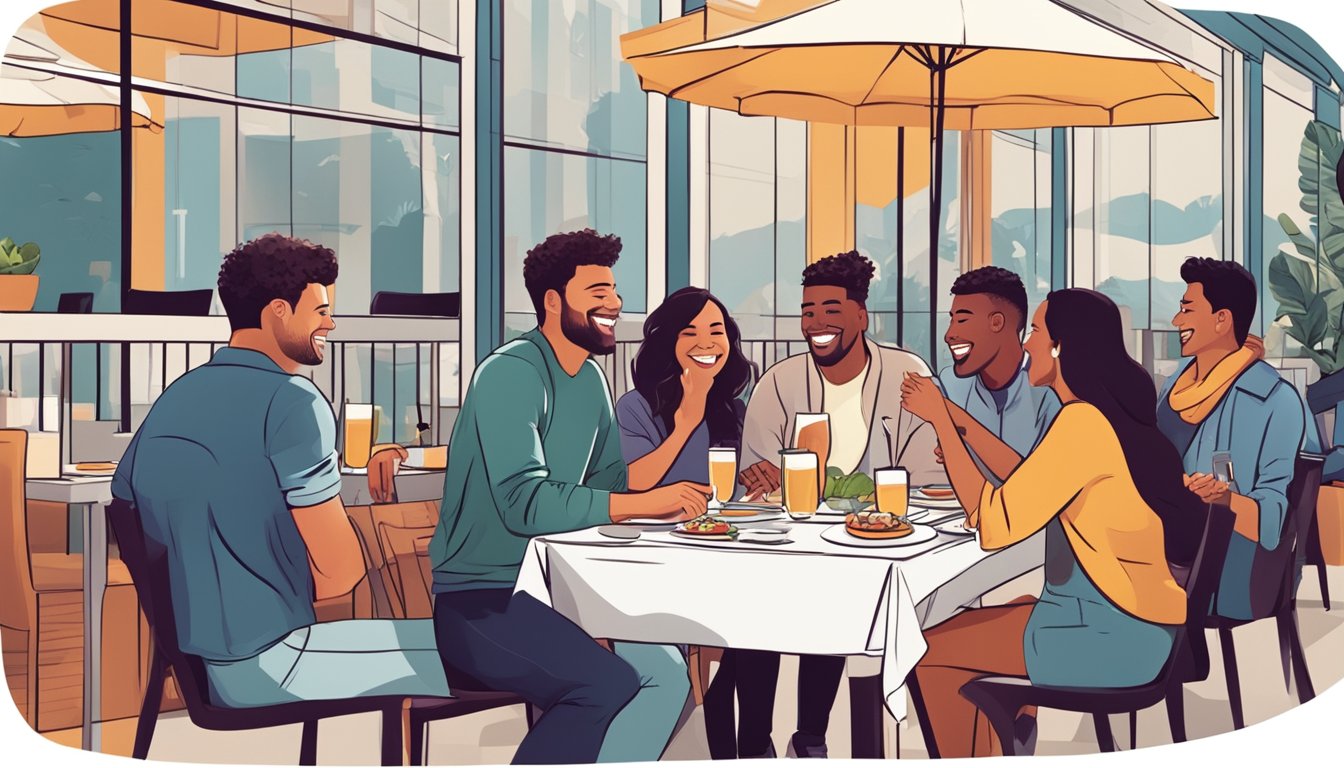 A group of friends dining at a trendy restaurant, laughing and chatting while enjoying a meal together