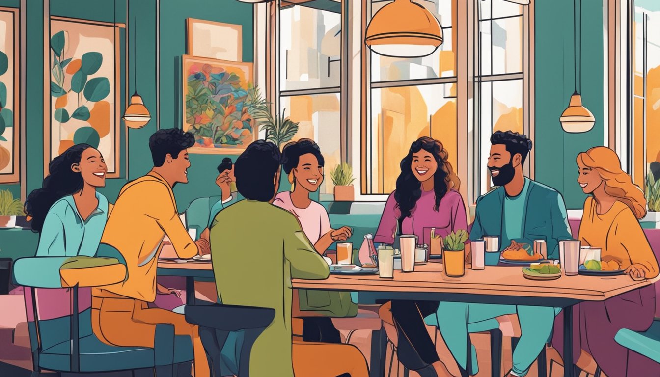 A group of people gather around a table at a trendy restaurant, chatting and laughing while enjoying a meal together. The atmosphere is lively and welcoming, with colorful decor and stylish furnishings adding to the social ambiance