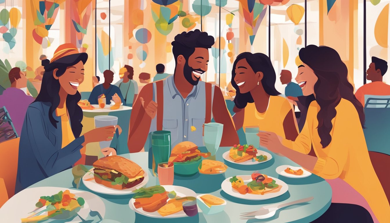 A group of friends laughing and chatting at a restaurant, enjoying a meal together while surrounded by colorful and lively decor