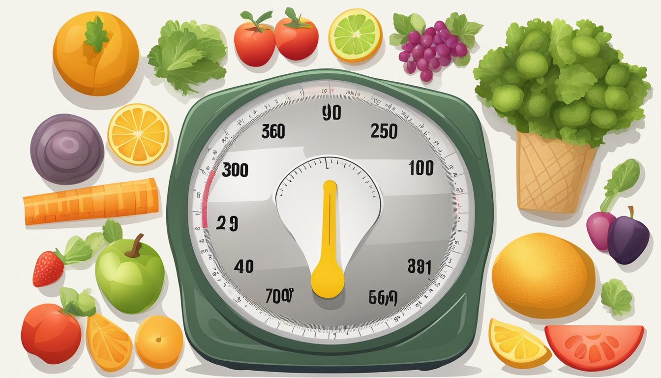 A scale with a tape measure wrapped around it, surrounded by fresh fruits and vegetables on one side and a fast food meal on the other