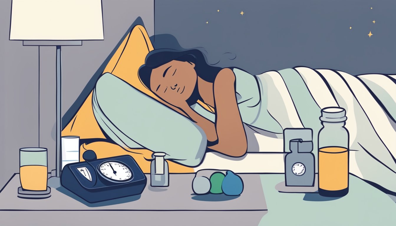 A person peacefully sleeping in bed, with a bottle of Wegovy and a weight scale nearby, symbolizing the role of sleep in their weight loss journey