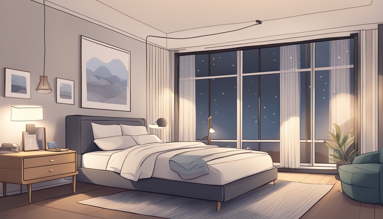 A peaceful bedroom with a cozy bed, dim lighting, and a serene atmosphere. A scale and a sleep tracker on the nightstand