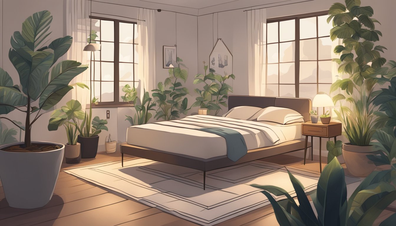 A serene bedroom with a cozy bed, dim lighting, and a clock showing a late hour, surrounded by calming elements like plants and a book