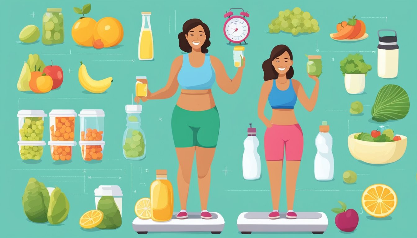 A woman stands on a scale, smiling as the numbers decrease. She holds a bottle of Wegovy, surrounded by healthy food and exercise equipment