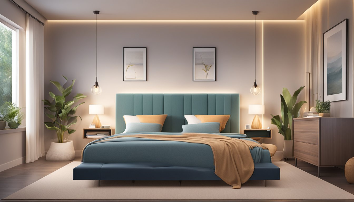 A peaceful bedroom with a cozy bed, dim lighting, and a serene atmosphere, symbolizing the importance of restful sleep in the weight loss journey with Wegovy