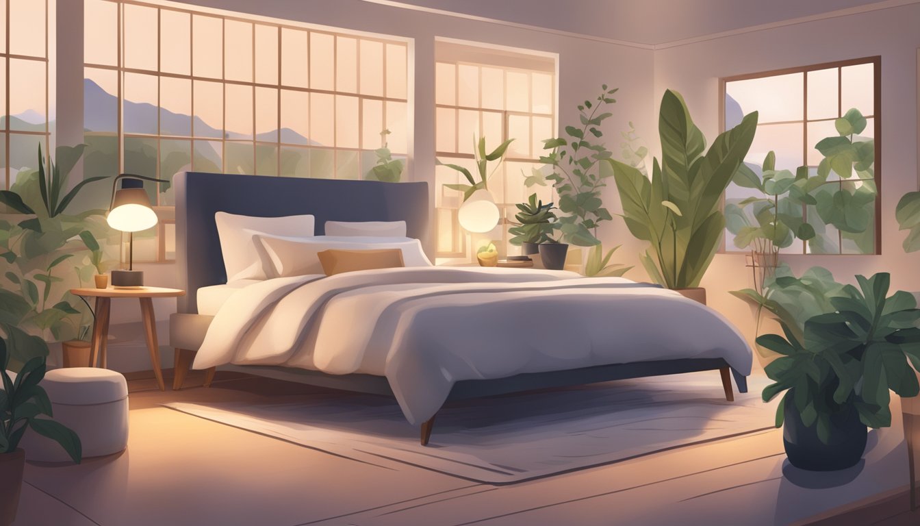 A serene bedroom with a cozy bed, dim lighting, and a clock showing a late hour, surrounded by calming elements such as plants and essential oils diffuser