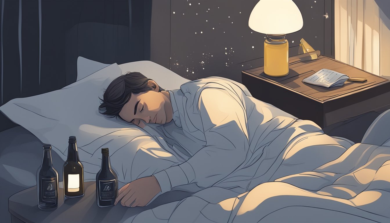 A person sleeping peacefully in bed, surrounded by a dark, serene atmosphere, with a bottle of Wegovy nearby