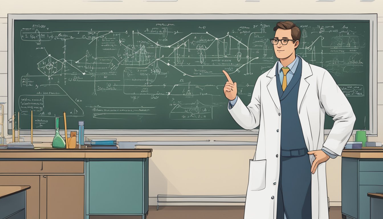 A scientist in a lab coat stands in front of a chalkboard covered in diagrams and equations, pointing to a timeline of Wegovy's development