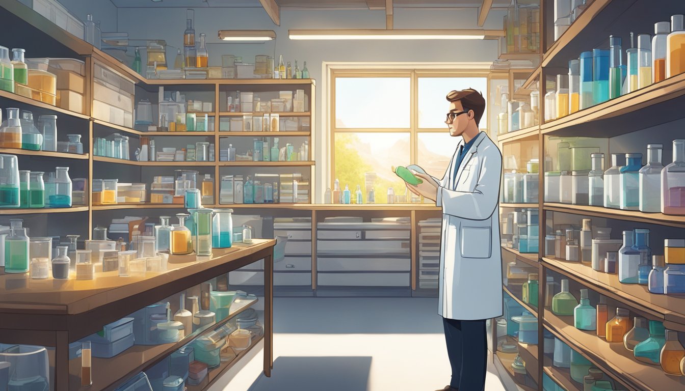 A scientist in a lab coat examines a vial of Wegovy, surrounded by shelves of research materials and equipment. The room is filled with bright light and the atmosphere is focused and determined