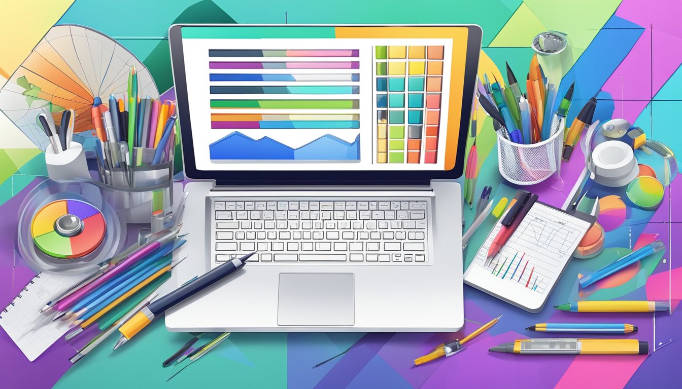 A colorful chart with various sections and progress bars, surrounded by different tools such as pens, markers, and a laptop