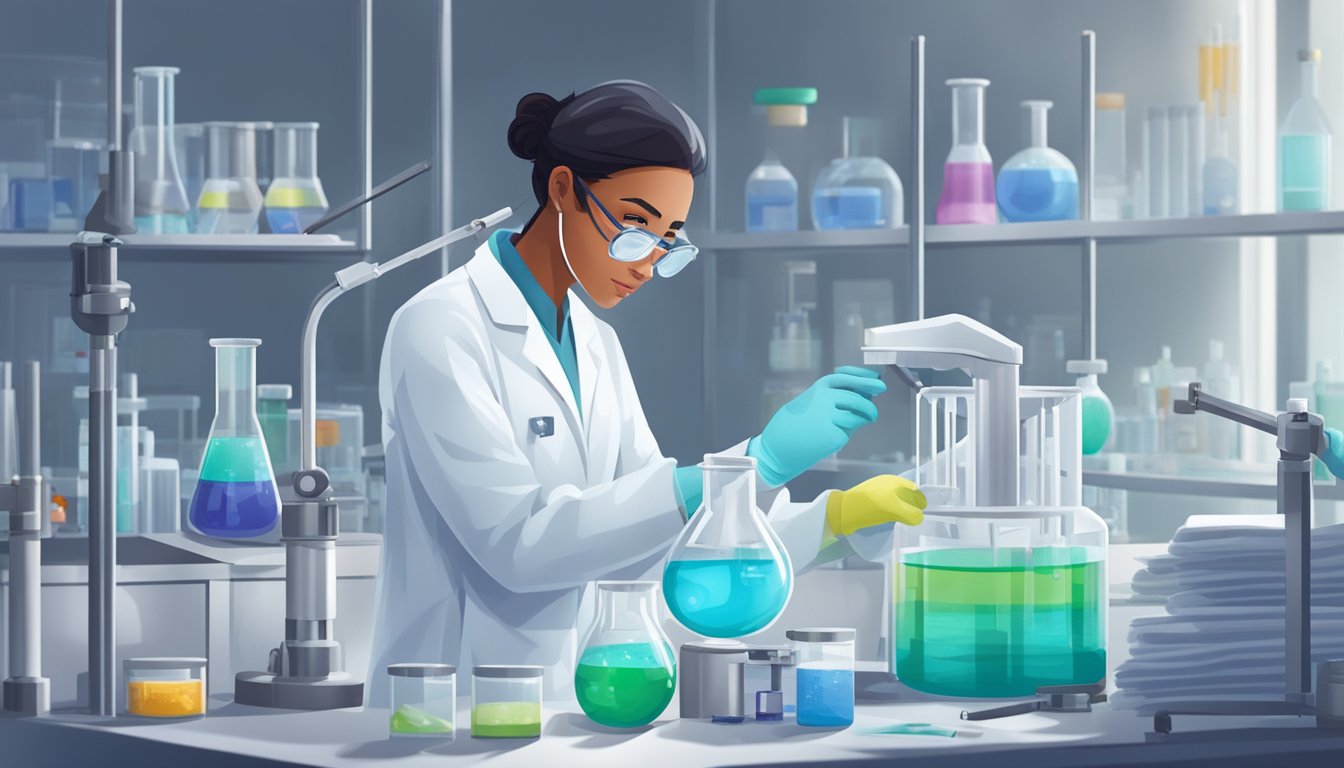 A lab scientist in a white coat carefully measures and mixes chemicals in a sterile environment, surrounded by scientific equipment and research papers